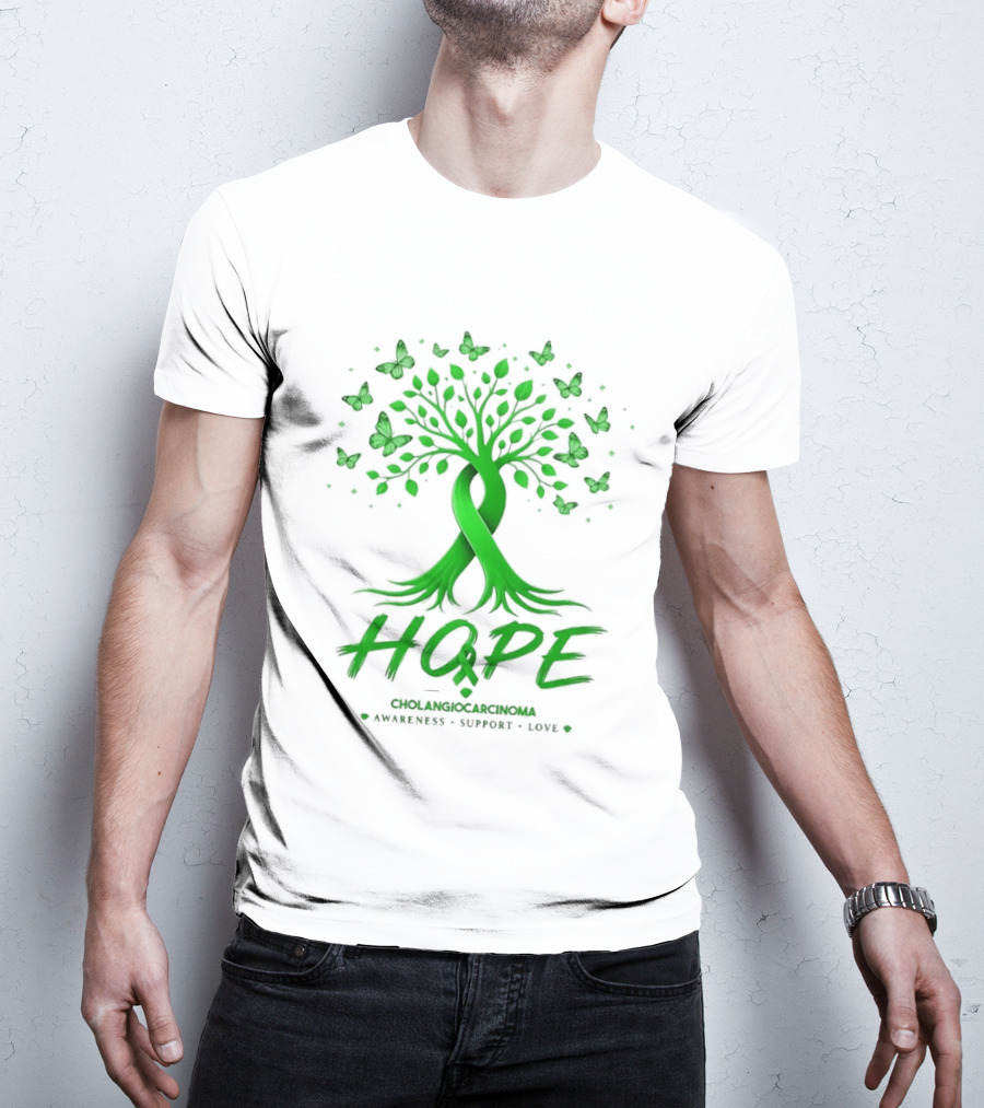 Hope Tree With Butterflies Cholangiocarcinoma Awareness Support Love Ribbon T-Shirt