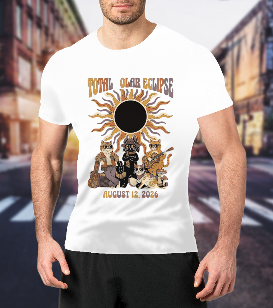Total Solar Eclipse August 12 2026 Cats Band With Instruments And Sunglasses T-Shirt