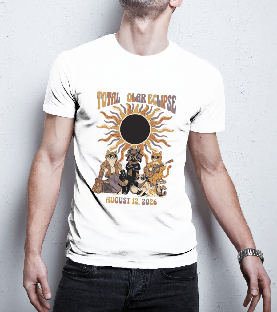 Total Solar Eclipse August 12 2026 Cats Band With Instruments And Sunglasses T-Shirt