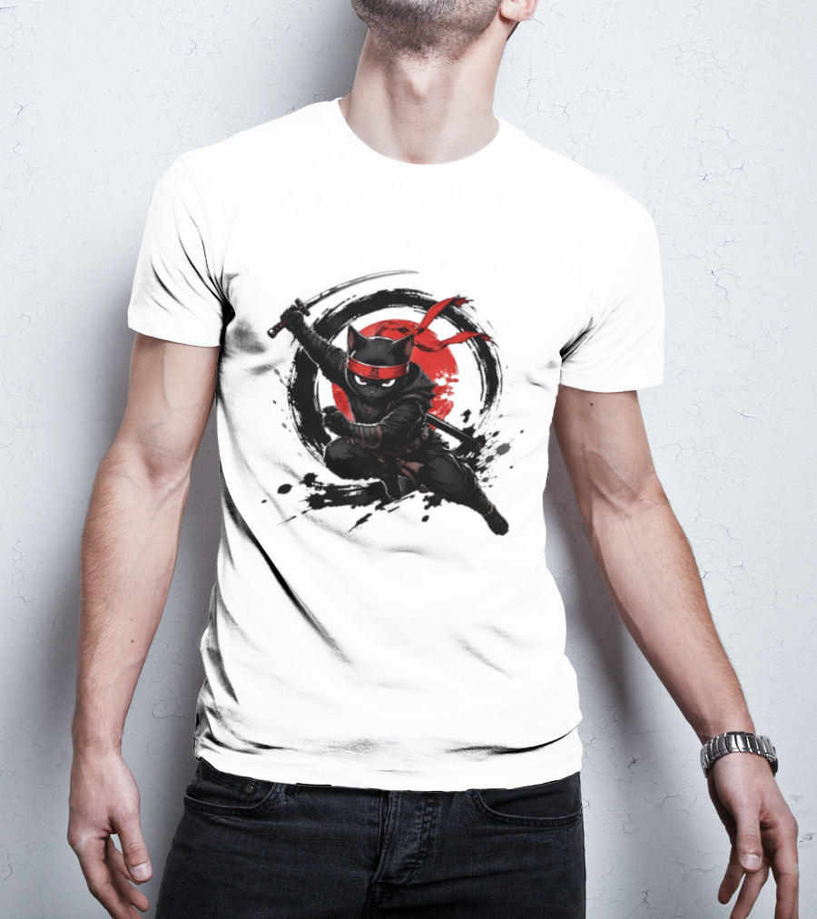 Ninja Cat Katana Warrior Red Rising Sun T-Shirt