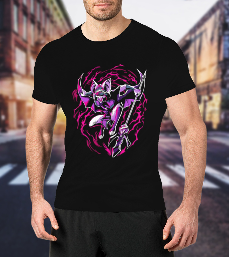 Thorne Bat Warrior With Spear Fantasy Purple Pink Swirl T-Shirt