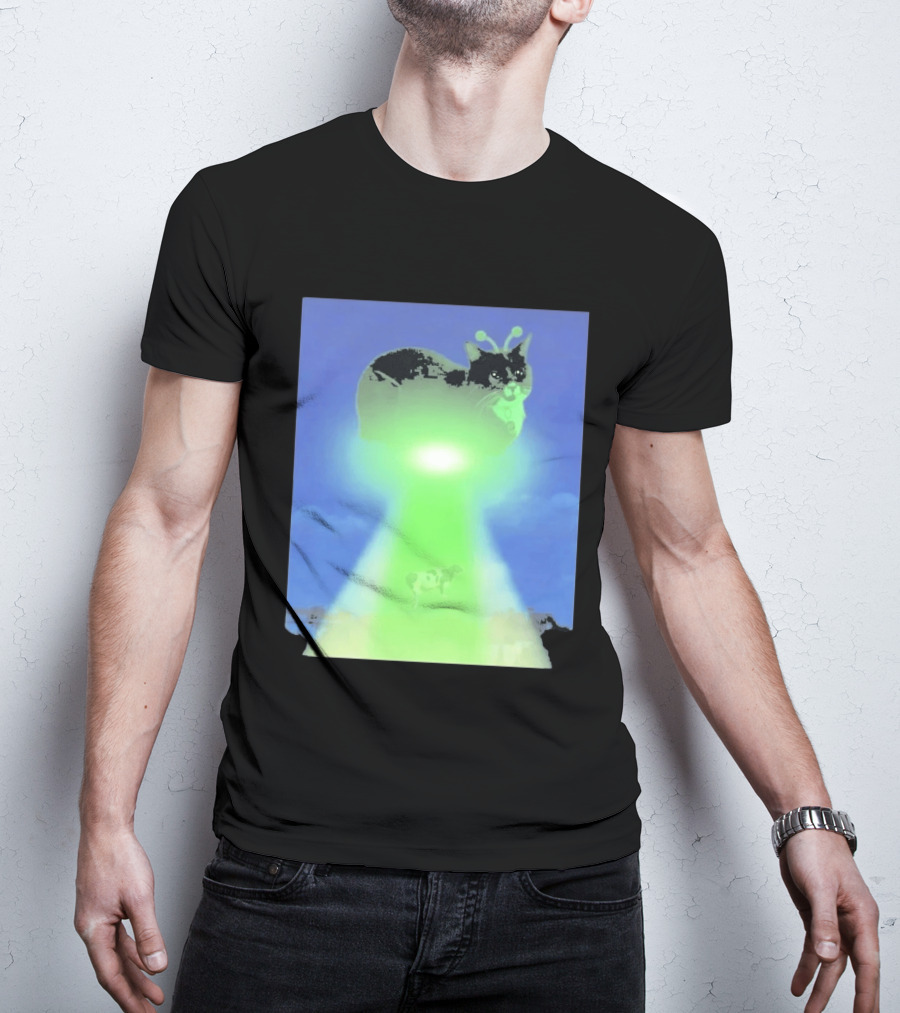 Alien Kitty UFO Beaming Cat Abduction With Tractor Beam And Cow T-Shirt