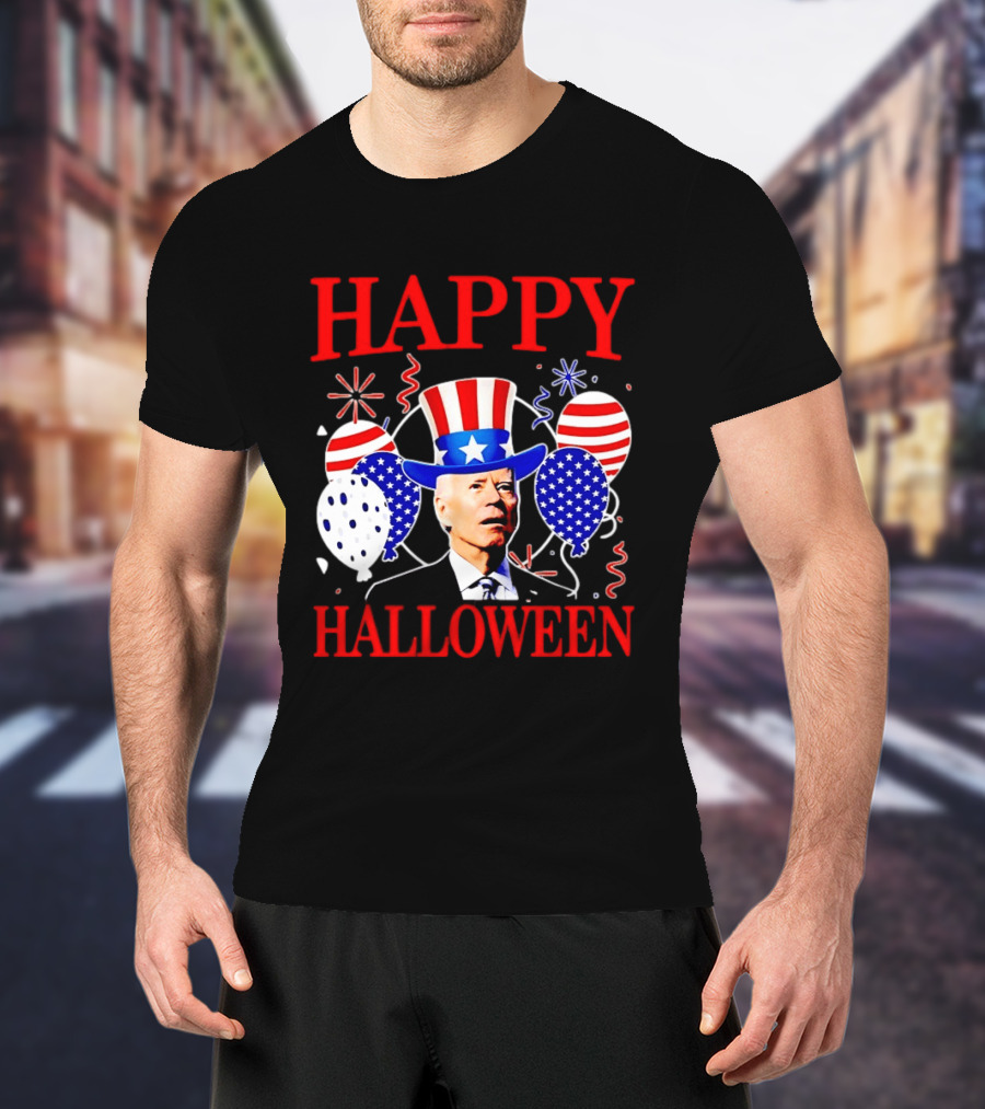 Happy Halloween Biden Uncle Sam Hat American Flag Balloons T-Shirt