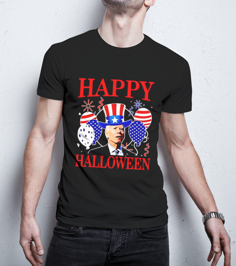 Happy Halloween Biden Uncle Sam Hat American Flag Balloons T-Shirt