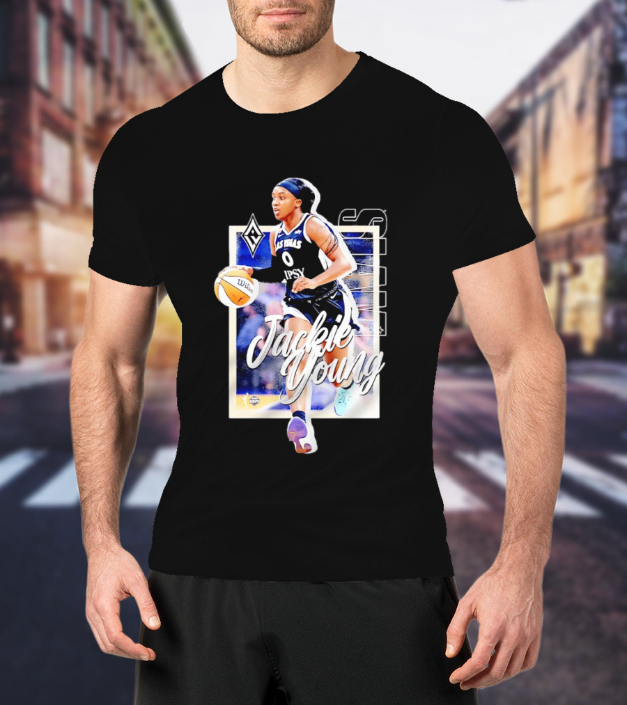 Jackie Young Las Vegas Aces Number 0 Dribbling Action With Wilson Basketball And Lids Headband T-Shirt