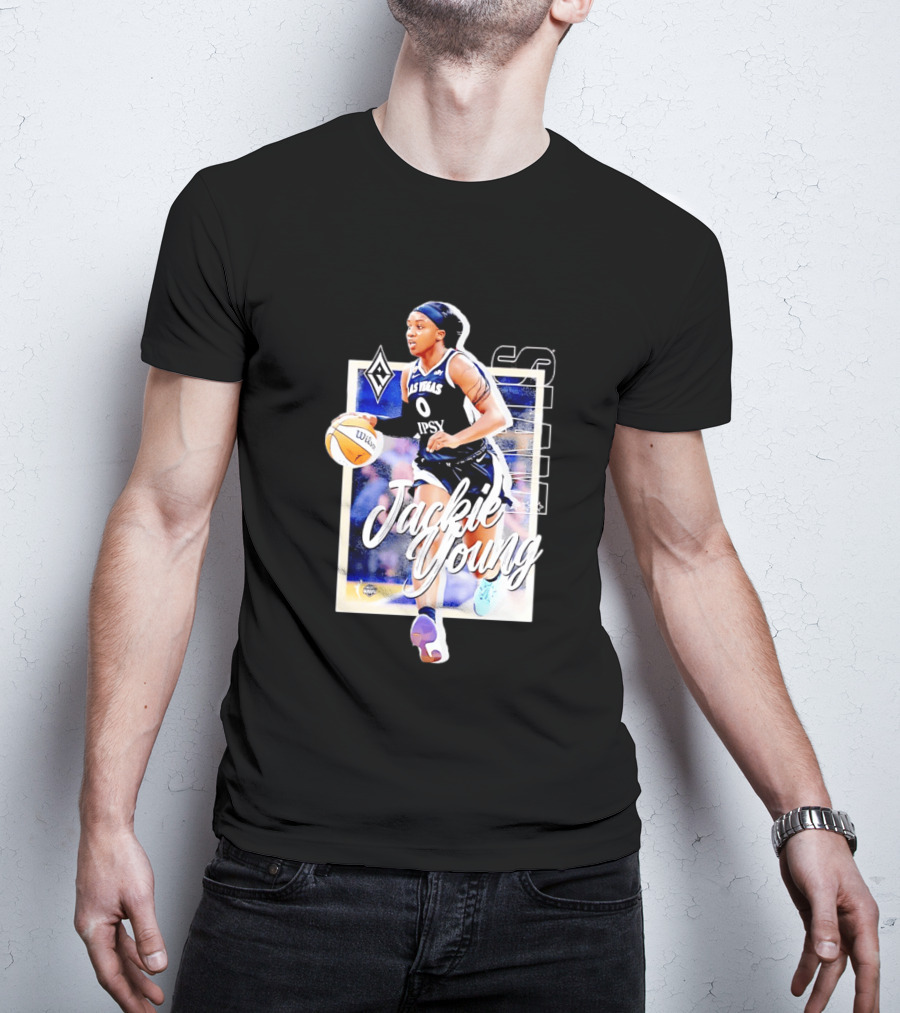 Jackie Young Las Vegas Aces Number 0 Dribbling Action With Wilson Basketball And Lids Headband T-Shirt