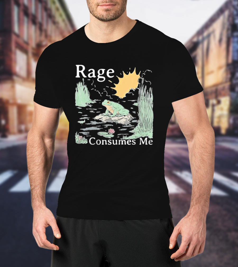Rage Consumes Me Frog On Rock With Sunburst And Pond Scene T-Shirt