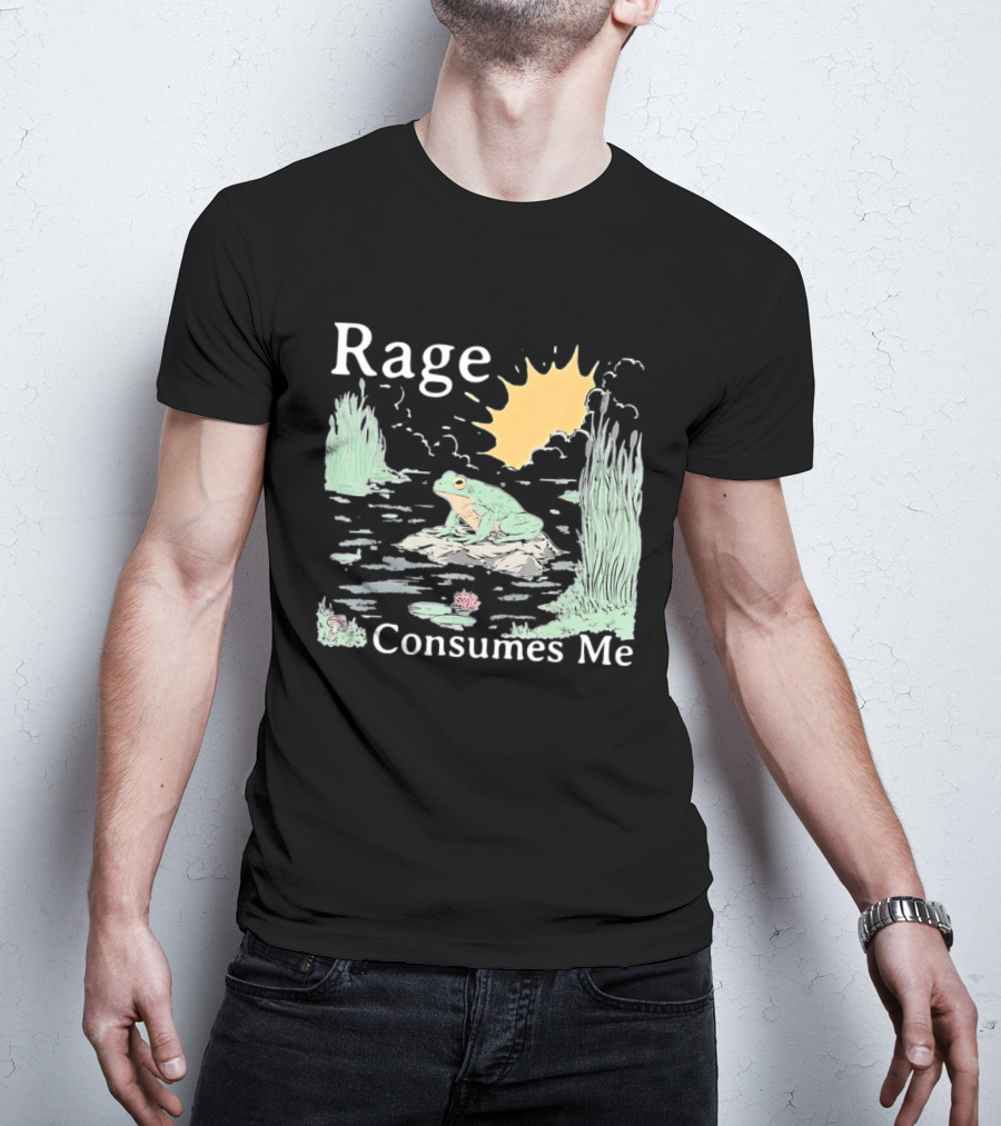 Rage Consumes Me Frog On Rock With Sunburst And Pond Scene T-Shirt