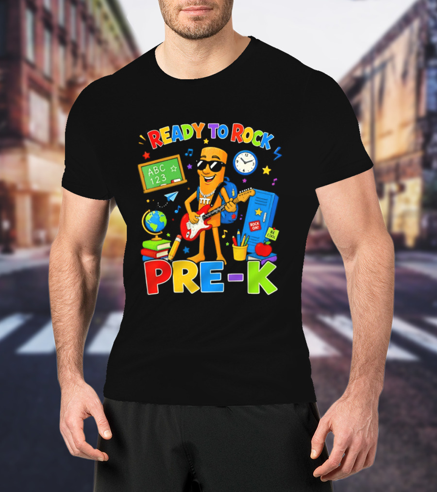 Ready To Rock Pre K Cartoon With Guitar And School Supplies T-Shirt