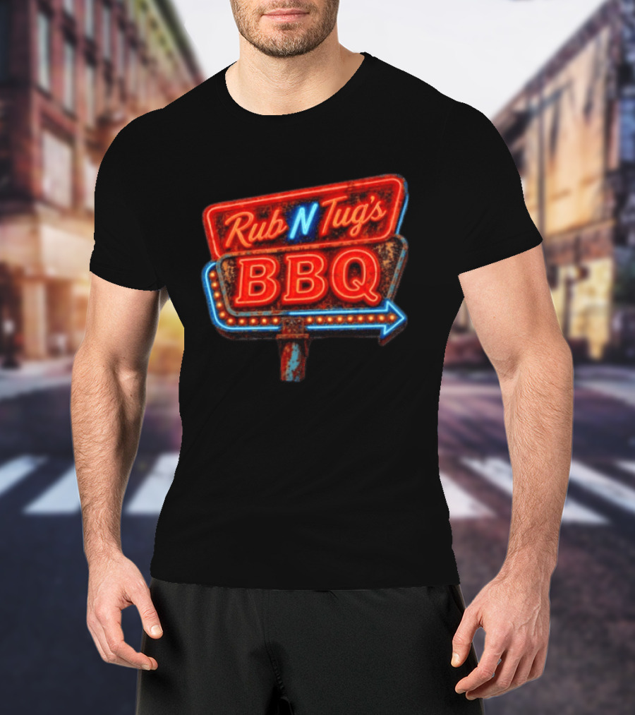 Rub N Tug's BBQ Neon Sign Barbecue Arrow T-Shirt