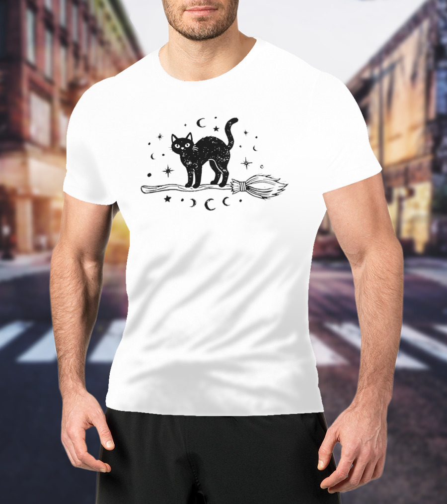 Black Cat With Celestial Moons Stars On Broomstick T-Shirt