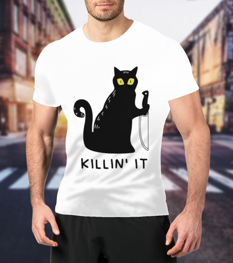 Black Cat Killin' It Halloween Knife T-Shirt