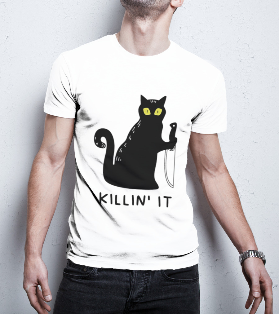 Black Cat Killin' It Halloween Knife T-Shirt