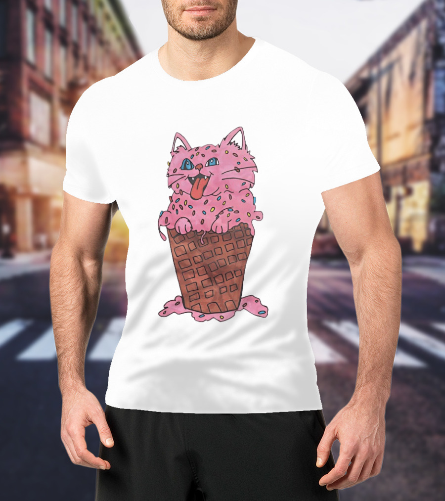 Pink Cat Ice Cream Cone Sprinkles Waffle Delight T-Shirt