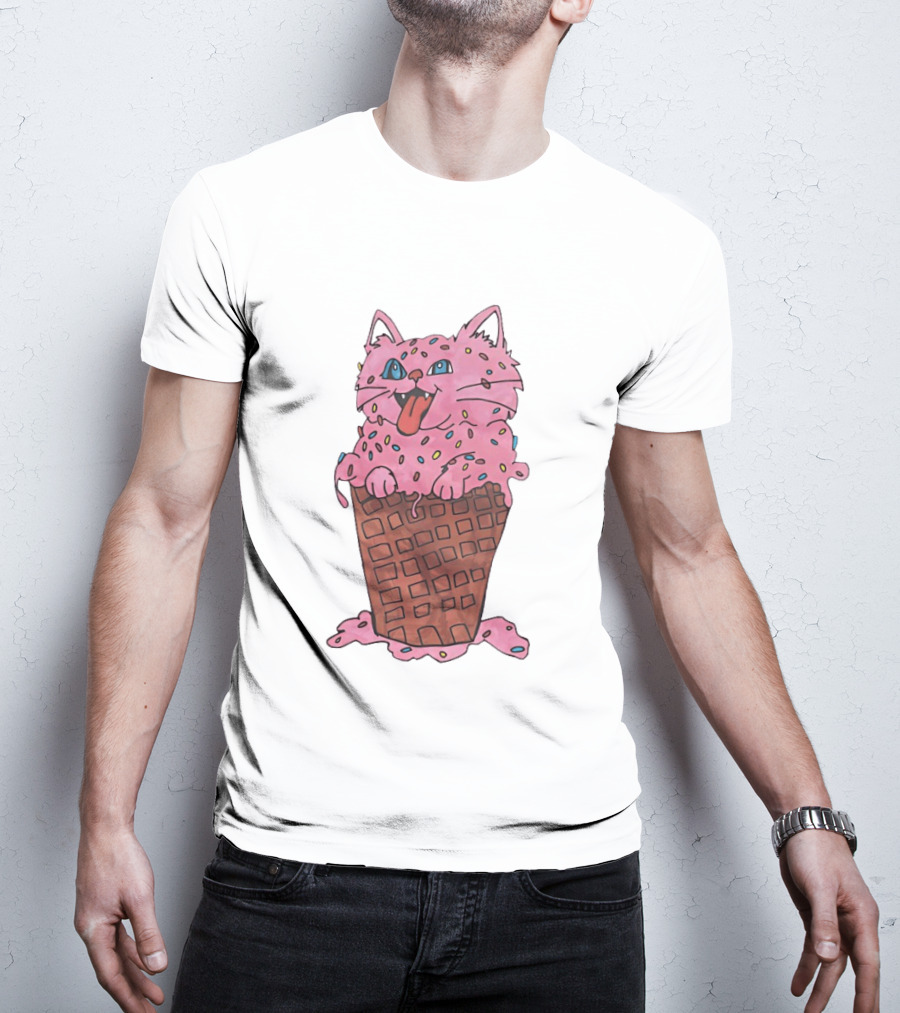 Pink Cat Ice Cream Cone Sprinkles Waffle Delight T-Shirt