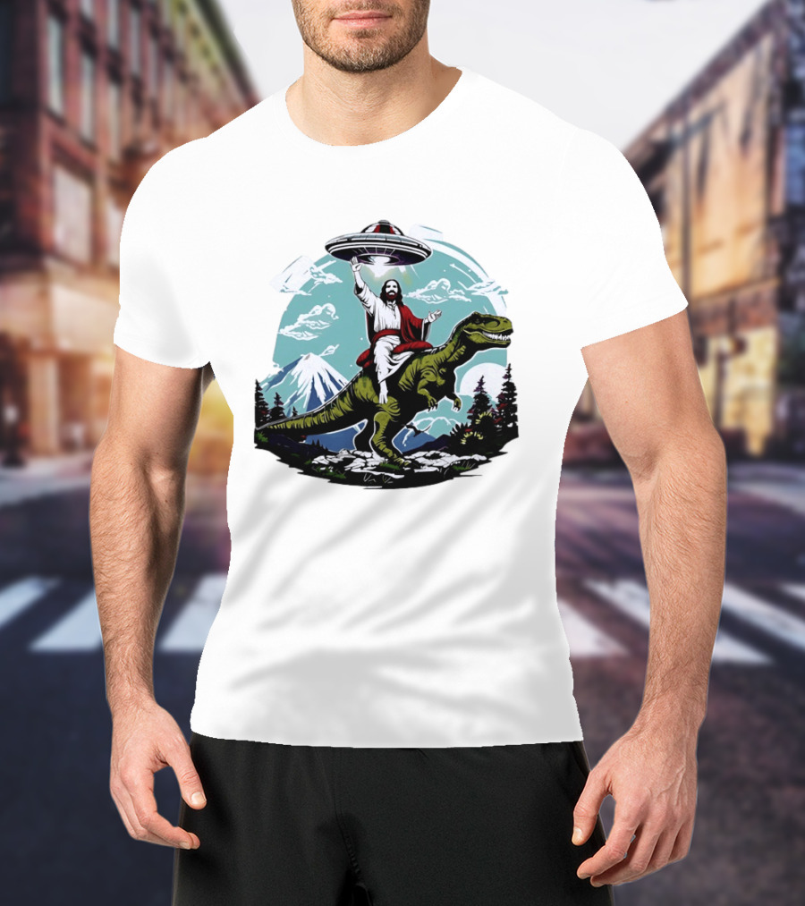Jesus Riding Rex UFO Nature Scene With Mountains And Trees T-Shirt