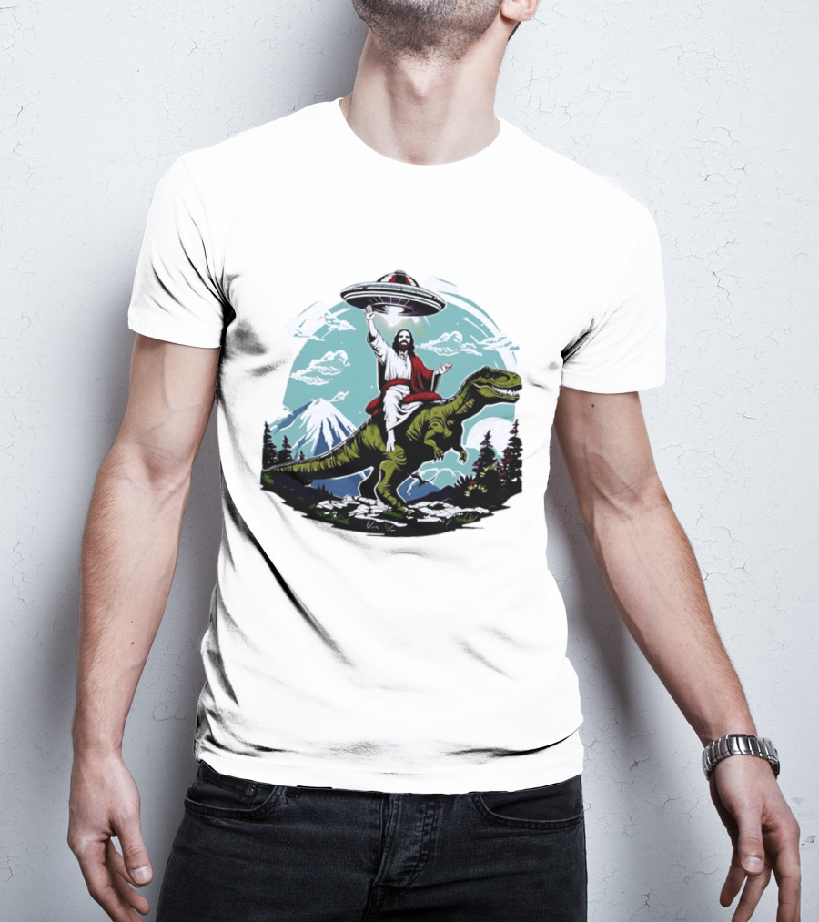 Jesus Riding Rex UFO Nature Scene With Mountains And Trees T-Shirt