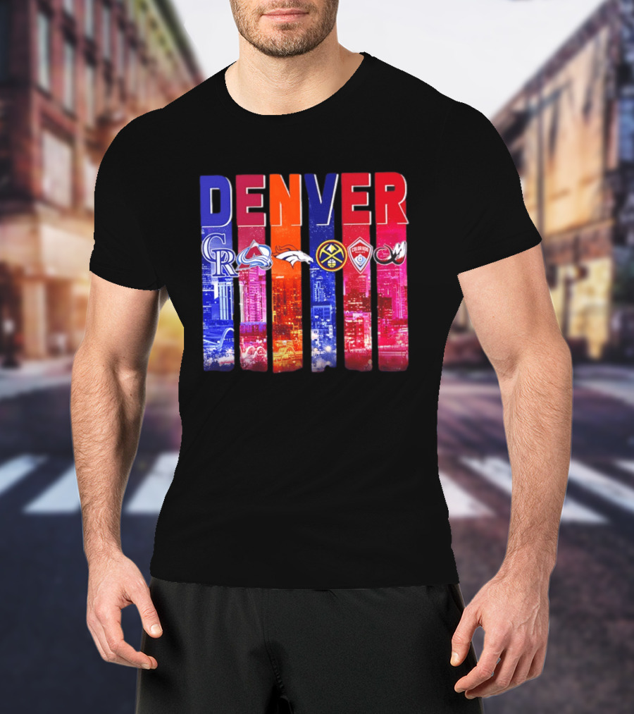 Denver City Skyline With Colorado Rockies Avalanche Broncos Nuggets Rapids Mammoth T-Shirt