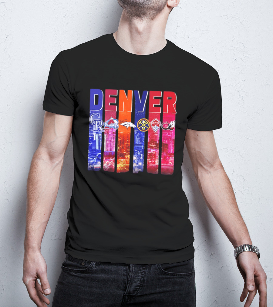 Denver City Skyline With Colorado Rockies Avalanche Broncos Nuggets Rapids Mammoth T-Shirt
