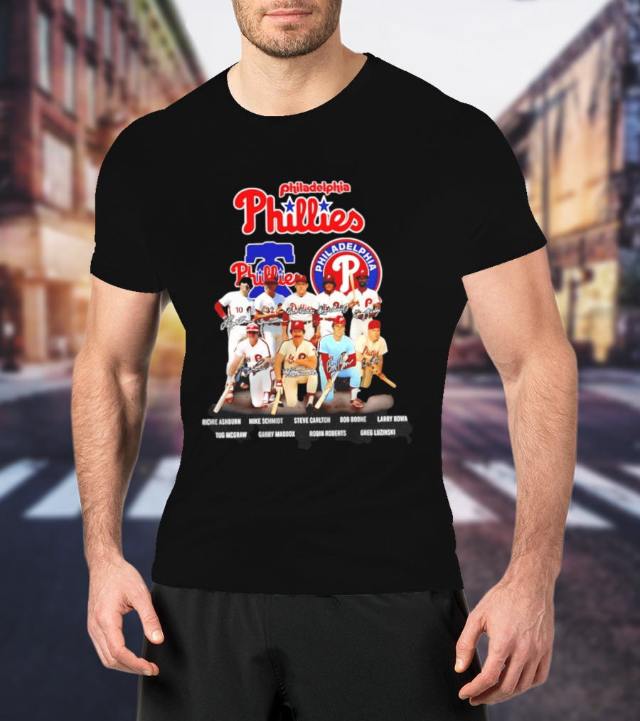 Philadelphia Phillies Legends Ashburn Schmidt Carlton Boone Bowa McGraw Maddox Roberts Luzinski Signatures Vintage Players T-Shirt