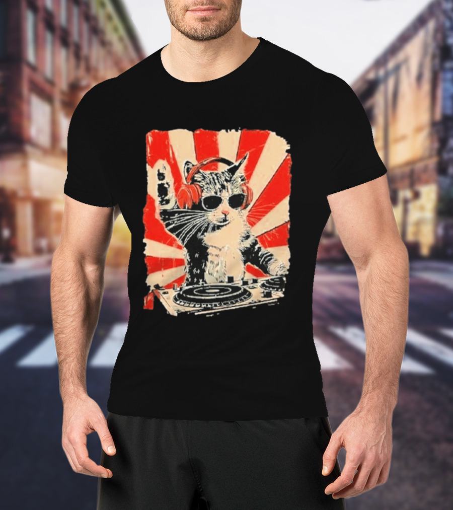 DJ Cat With Headphones Red Sunburst T-Shirt