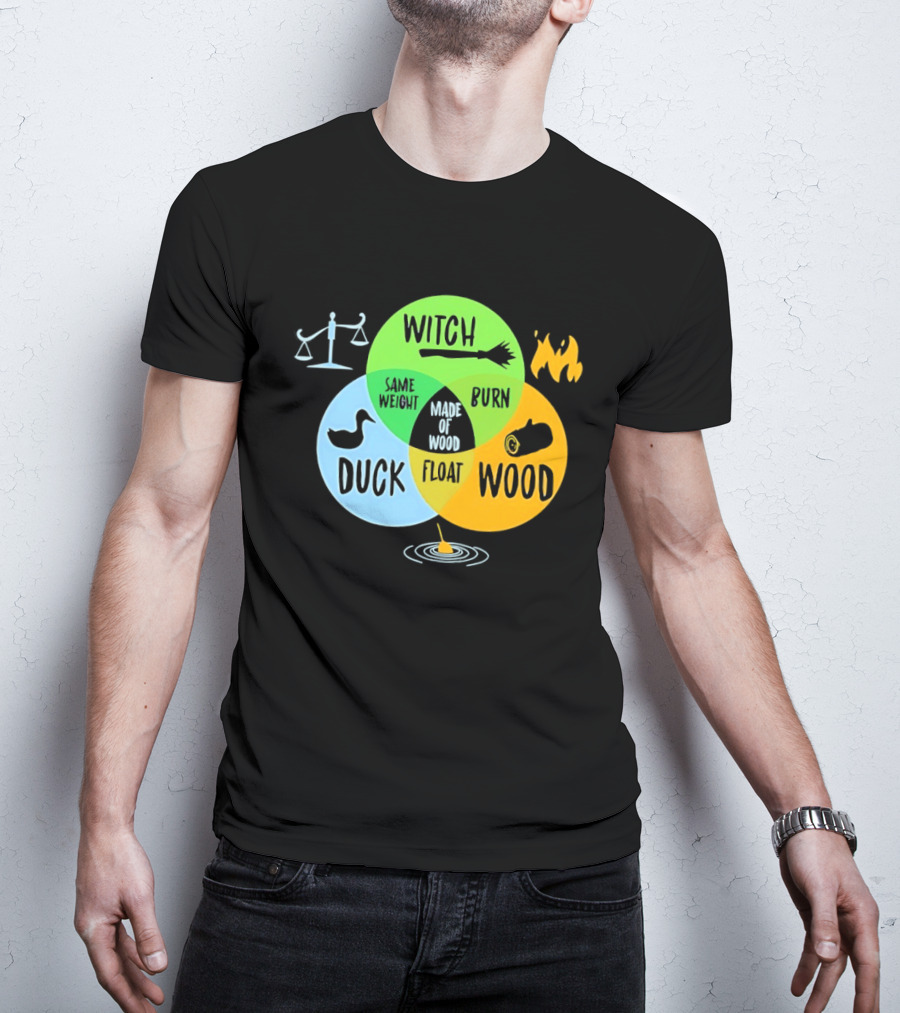Monty Python Witch Duck Same Weight Made Of Wood Burn Float Venn Diagram T-Shirt