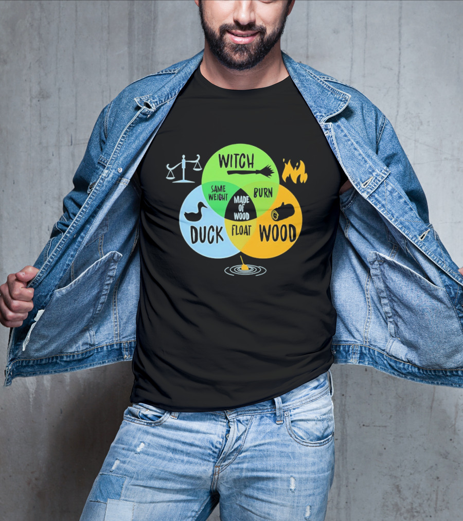 Monty Python Witch Duck Same Weight Made Of Wood Burn Float Venn Diagram T-Shirt