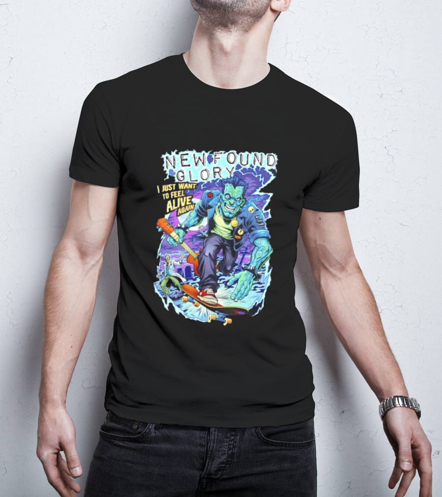 New Found Glory I Just Want To Feel Alive Again Frankenstein Skateboard Zombie Punk T-Shirt
