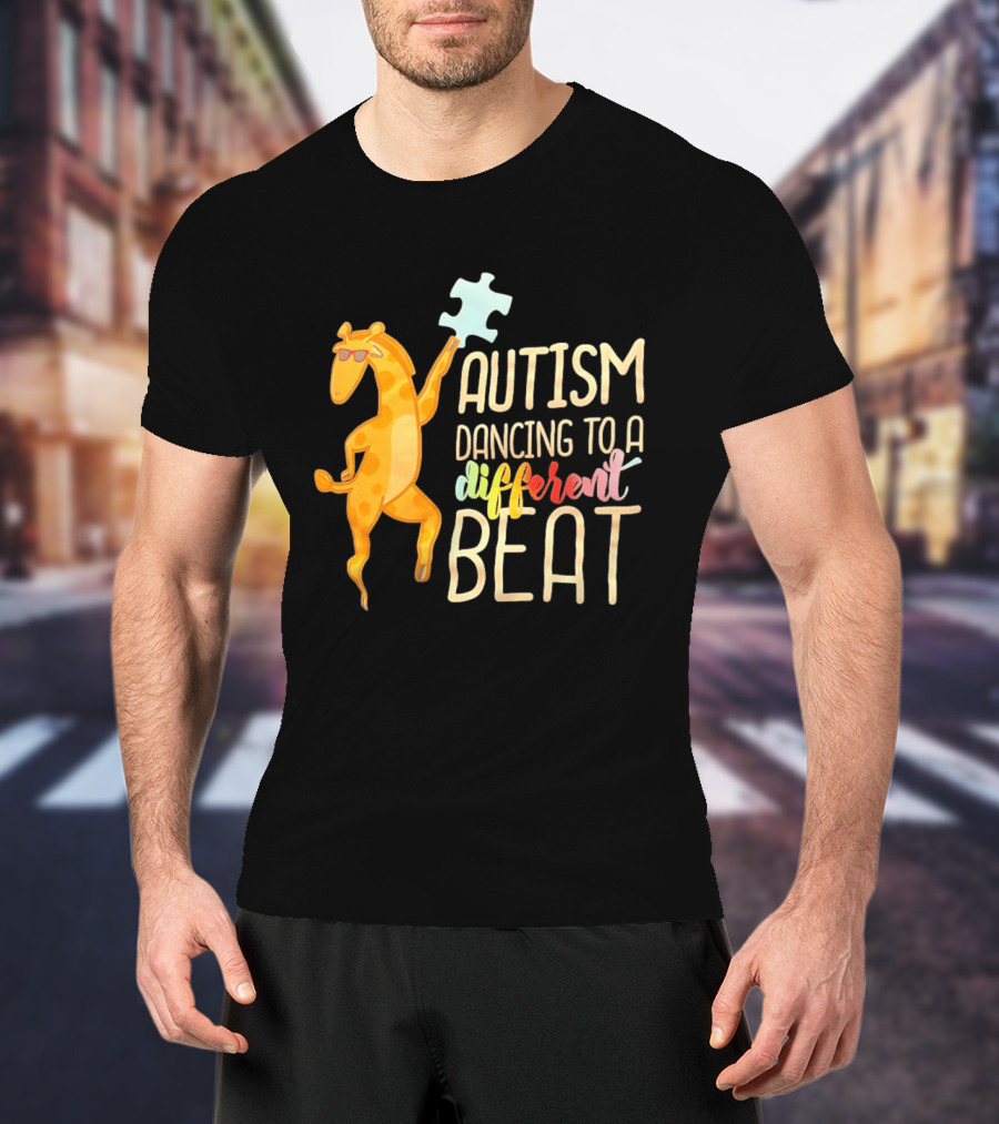 Autism Dancing To A Different Beat Giraffe Puzzle Piece And Sunglasses T-Shirt