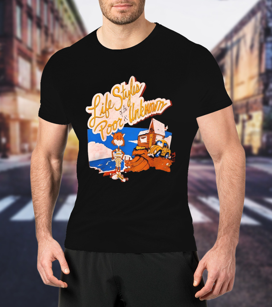 Life Styles Of The Poor And Unknown Cartoon Cat Beach Scene With House And Car T-Shirt