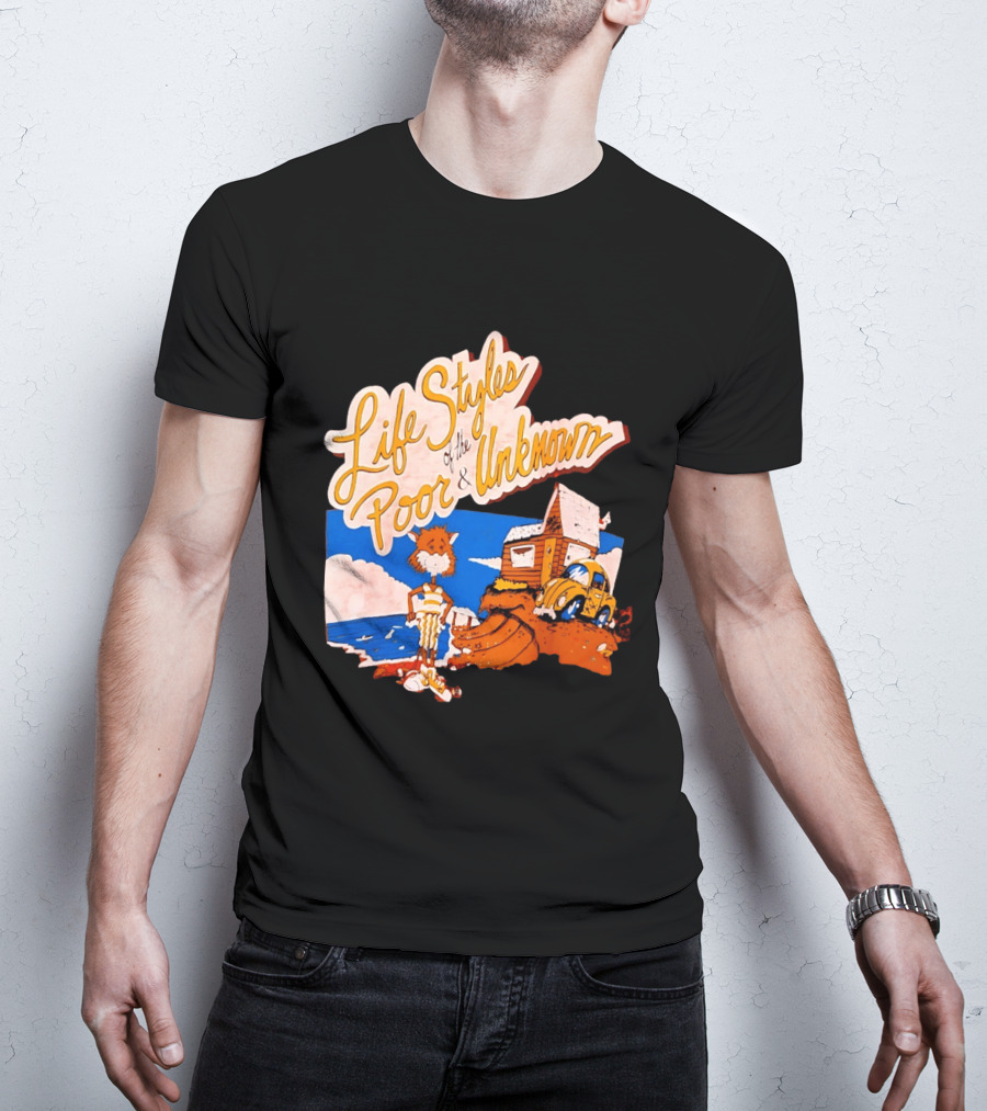 Life Styles Of The Poor And Unknown Cartoon Cat Beach Scene With House And Car T-Shirt