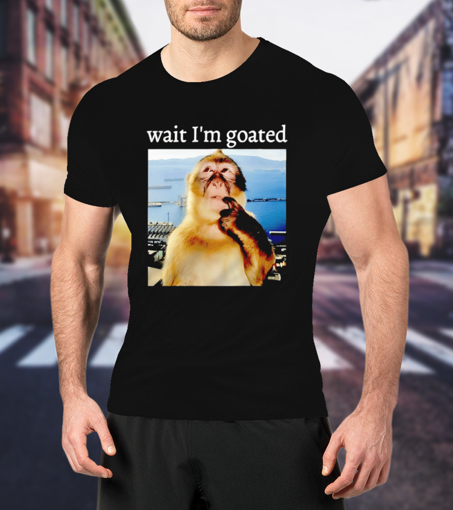 Wait I'm Goated Monkey Meme Coastal View Playful Expression T-Shirt