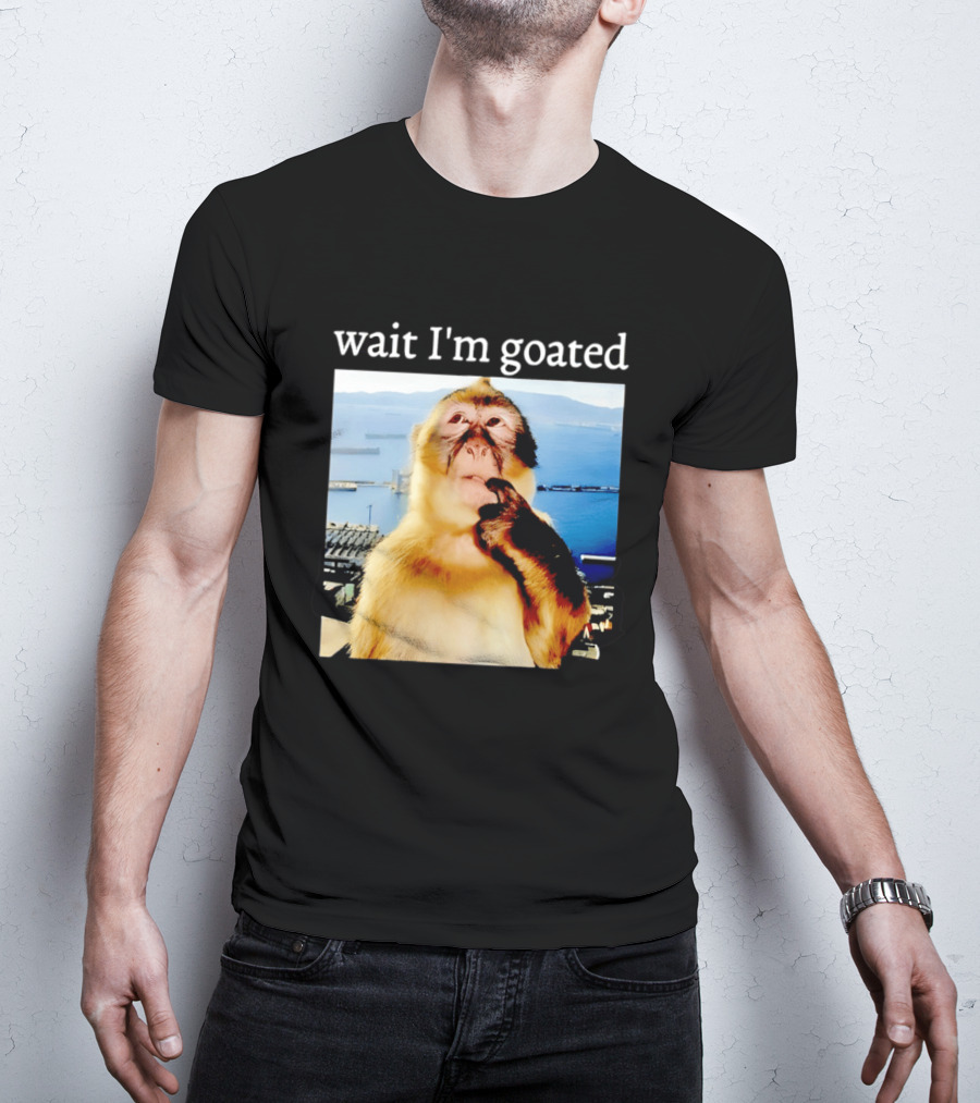 Wait I'm Goated Monkey Meme Coastal View Playful Expression T-Shirt