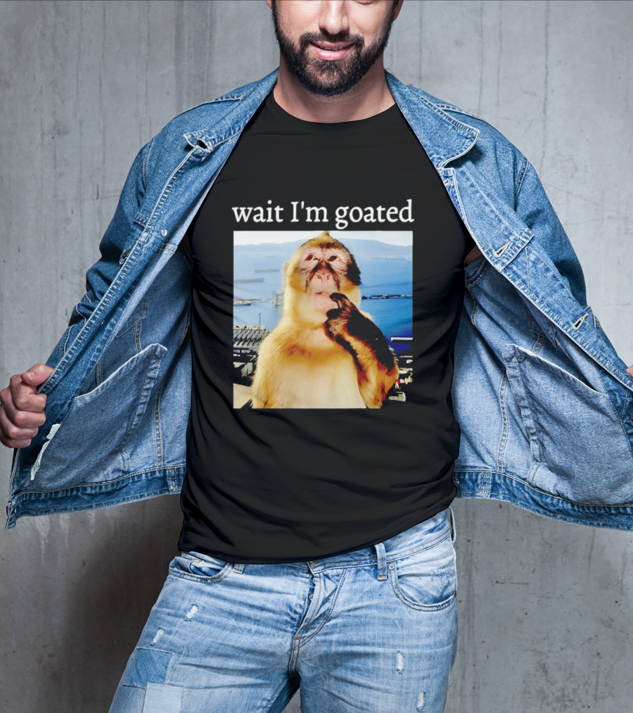 Wait I'm Goated Monkey Meme Coastal View Playful Expression T-Shirt