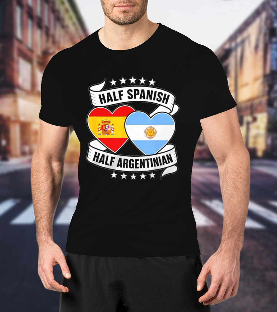 Half Spanish Half Argentinian Heart Flags Banner Star T-Shirt