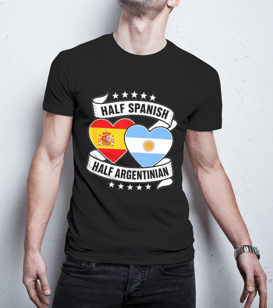 Half Spanish Half Argentinian Heart Flags Banner Star T-Shirt