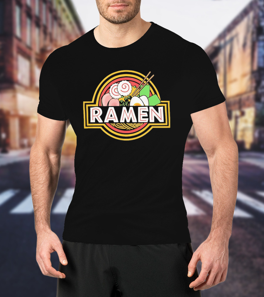 Ramen Jurassic Park Japanese Food Logo Parody With Noodles And Chopsticks T-Shirt