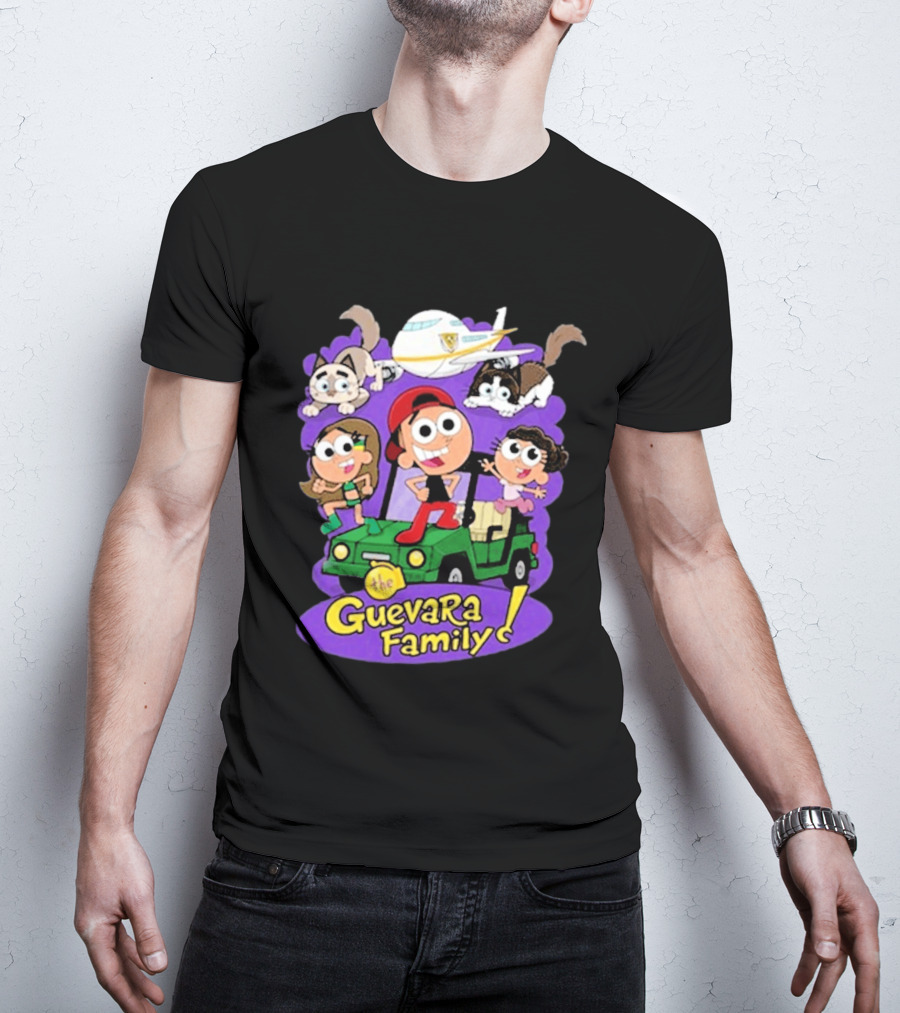 The Guevara Family Cartoon Adventure With Pets And Airplane T-Shirt