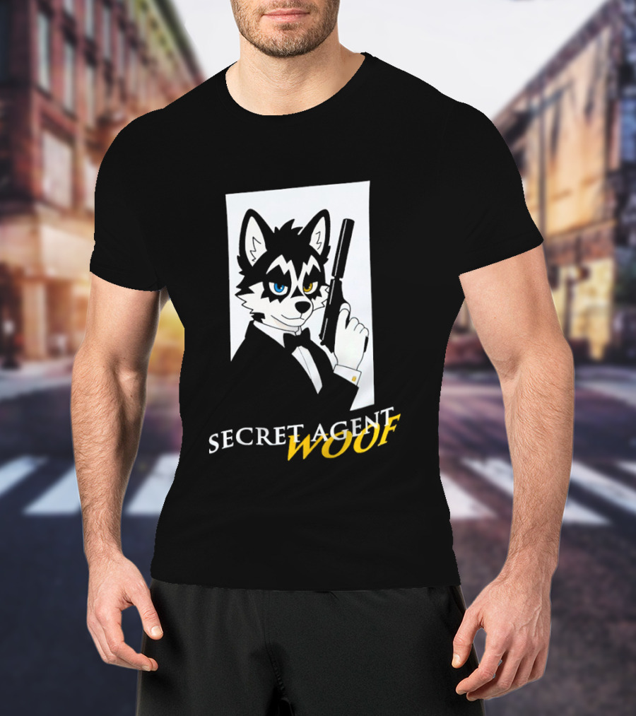 Secret Agent Woof Husky Tuxedo Spy Dog Holding Pistol Image T-Shirt