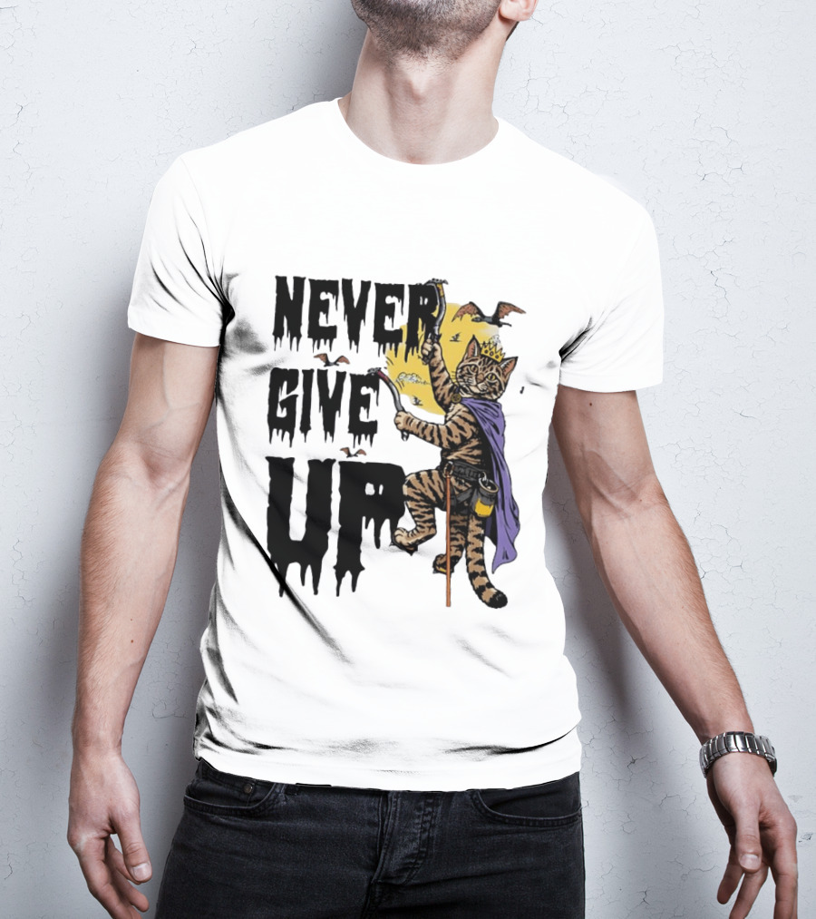 Never Give Up Cat Climbing With Crown And Cape T-Shirt