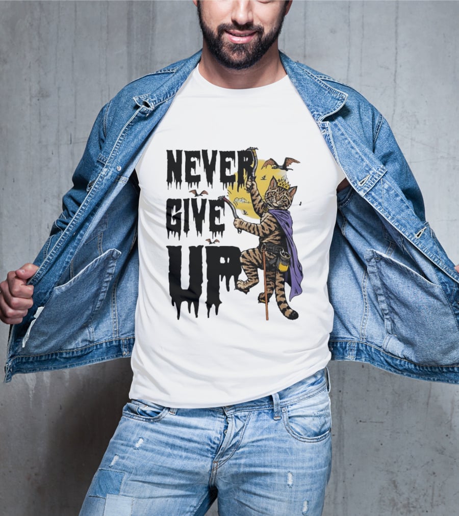 Never Give Up Cat Climbing With Crown And Cape T-Shirt