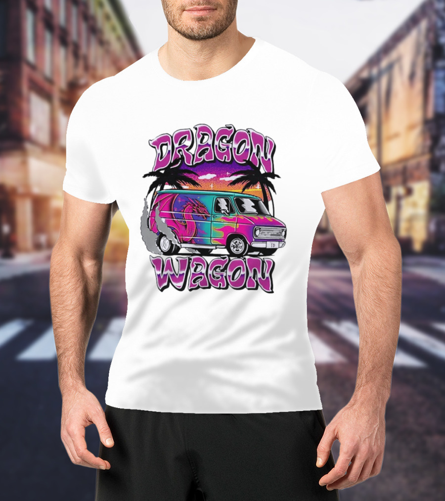 Dragon Wagon Van Tie Dye Sunset With Palm Trees T-Shirt