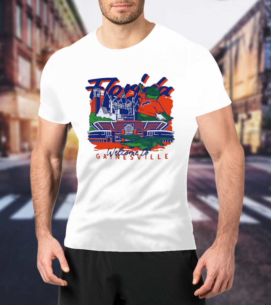 Florida Gators Welcome To Gainesville Stadium And Mascot Collage T-Shirt