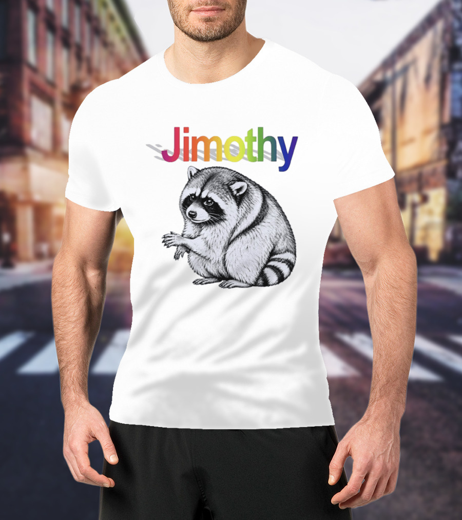 Jimothy Raccoon Rainbow Text With Illustrated Animal T-Shirt