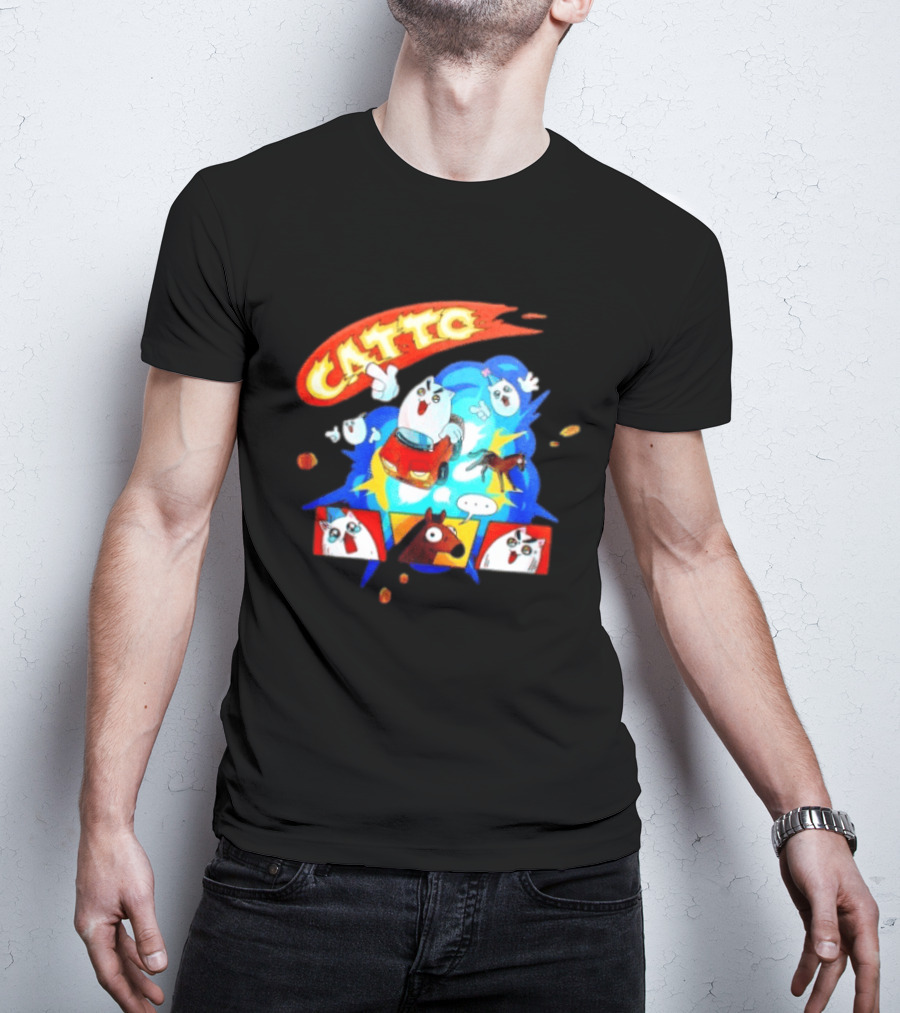 Catto Cartoon Cat Driving A Car With Funny Expressions And Comic Style Panels T-Shirt