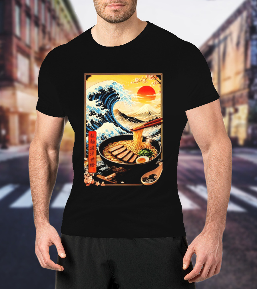 Great Wave Ramen Ukiyo E Japanese Noodles Cherry Blossoms Sun Mountain T-Shirt