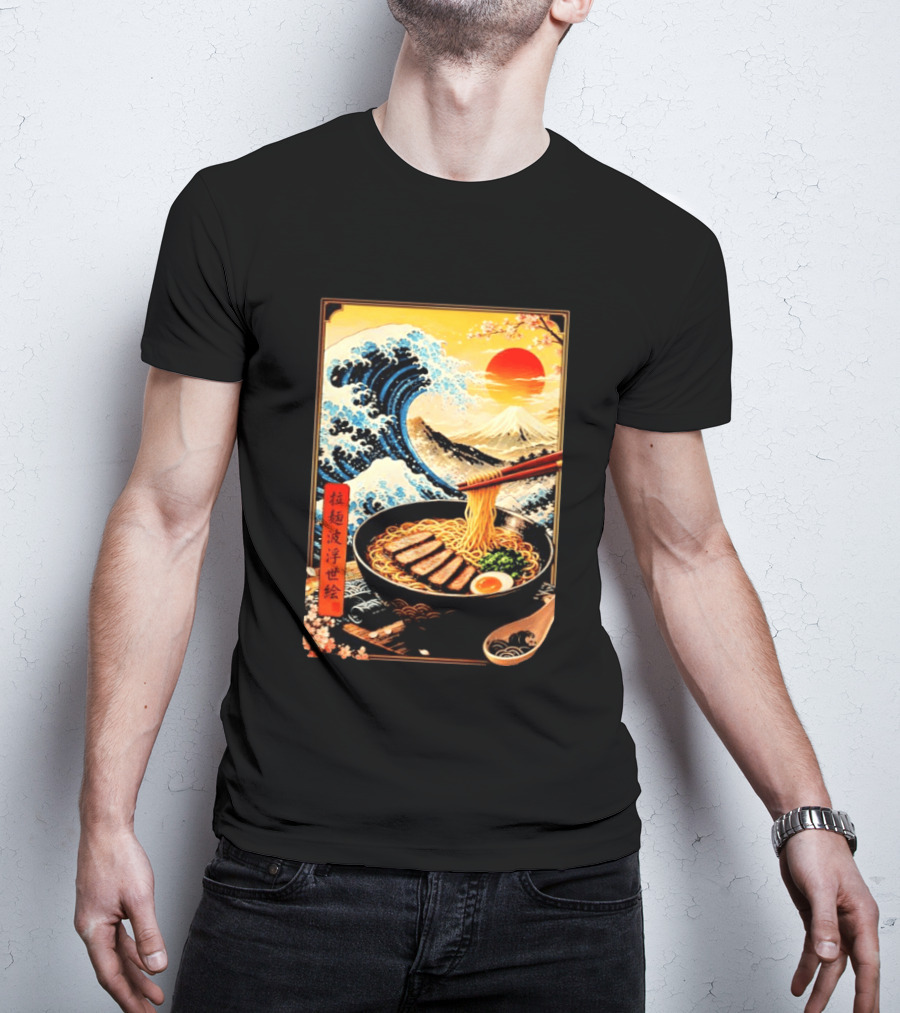 Great Wave Ramen Ukiyo E Japanese Noodles Cherry Blossoms Sun Mountain T-Shirt