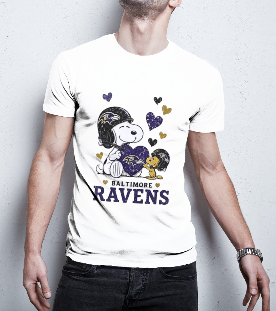 Baltimore Ravens Peanuts Snoopy Woodstock Love Laughter Hearts T-Shirt