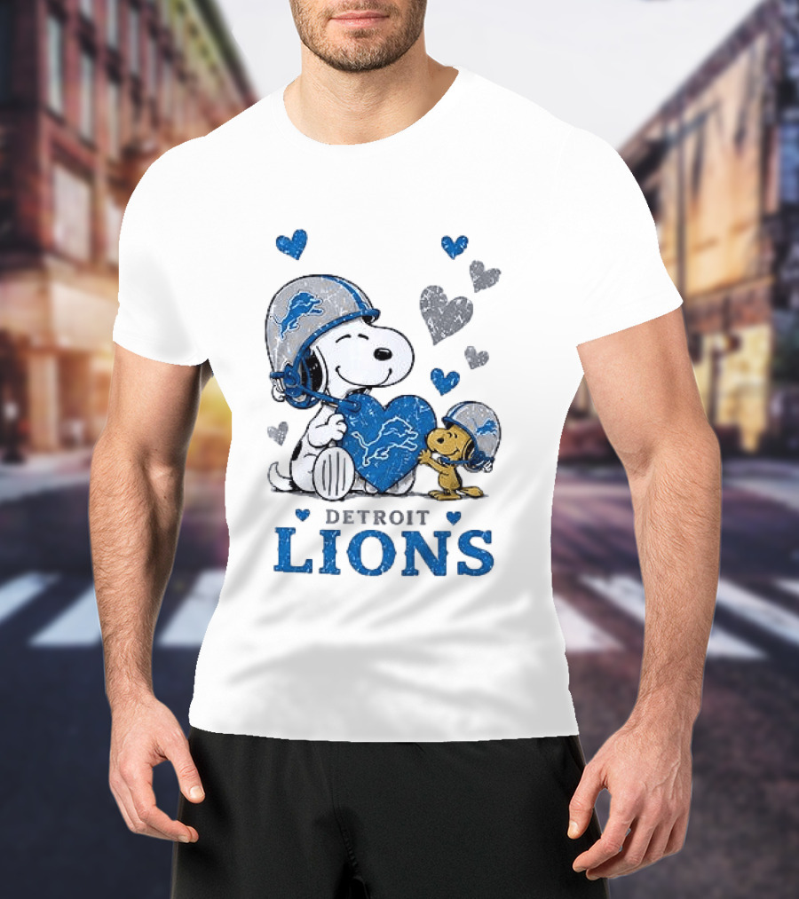 Detroit Lions Peanuts Snoopy Woodstock Heart Helmets Love T-Shirt