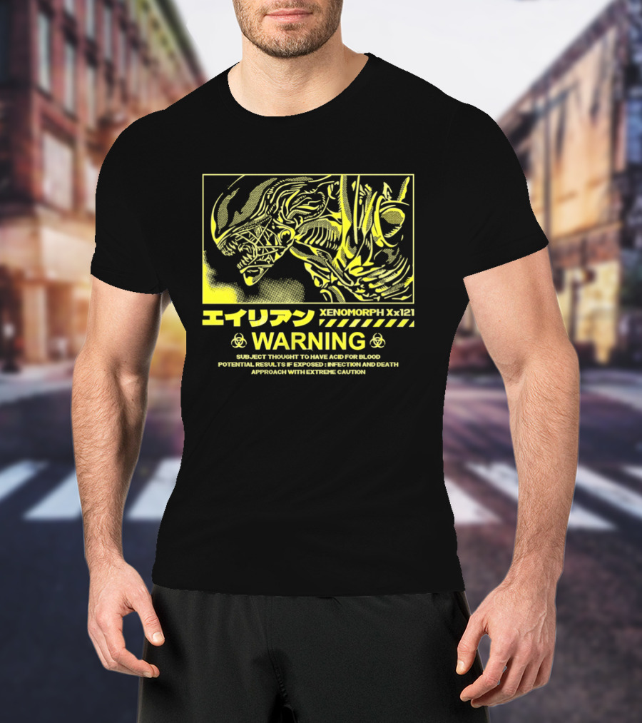 Alien Xenomorph Xx121 Acid Blood Warning Hazard Japan Text Yellow T-Shirt